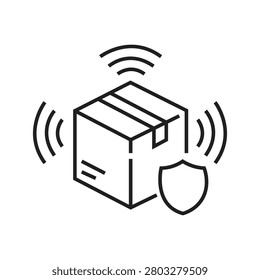 Smart parcel tracking and secure delivery outline icon. Cargo box with wireless signal waves and shield symbol. IoT logistics, insured shipping, and package protection vector illustration.