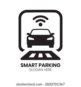 Smart Parking logo displays a connected vehicle positioned over automated parking slots with wireless signal indicators above. This sleek, urban design is highly effective for parking management platforms, smart city developers, IoT transport solutions, automated garage systems, or urban mobility startups requiring a distinct, modern identity that emphasizes convenience, connectivity, and automated vehicular infrastructure.