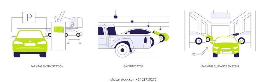 Smart parking management system abstract concept vector illustration set. Parking entry station, bay indicator is on, smart guidance system for cars, driving in urban environment abstract metaphor.