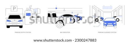 Smart parking management system abstract concept vector illustration set. Parking entry station, bay indicator is on, smart guidance system for cars, driving in urban environment abstract metaphor.