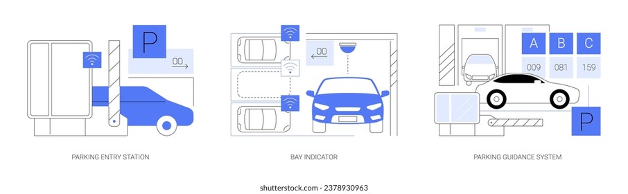 Smart parking management system isolated cartoon vector illustrations set. Parking entry station, bay indicator is on, smart guidance system for cars, driving in urban environment vector cartoon.