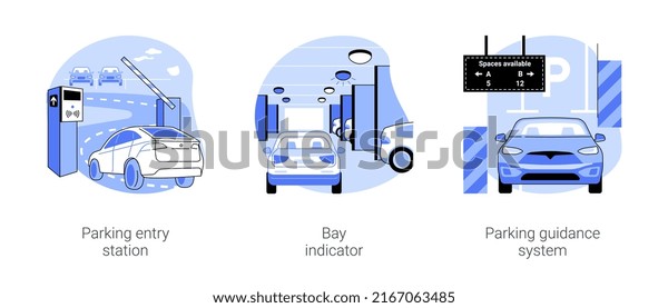 Smart parking management system isolated cartoon
vector illustrations set. Parking entry station, bay indicator is
on, smart guidance system for cars, driving in urban environment
vector cartoon.