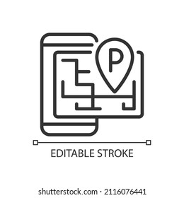 Icono lineal perfecto del píxel de estacionamiento inteligente. Ubicación en GPS, aplicación móvil. Internet de las cosas. Ilustración de línea delgada. Símbolo de contorno. Dibujo del contorno del vector. Trazo editable. Tipo de letra arial utilizado
