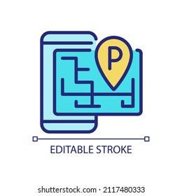 Icono de color RGB perfecto para píxel de estacionamiento inteligente. Ubicación en GPS, aplicación móvil. Internet de las cosas. Ilustración vectorial aislada. Dibujo de línea simple relleno. Trazo editable. Tipo de letra arial utilizado
