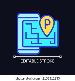 Smart parking pixel perfect RGB color icon for dark theme. Location on GPS, mobile app. Internet of Things. Simple filled line drawing on night mode background. Editable stroke. Arial font used
