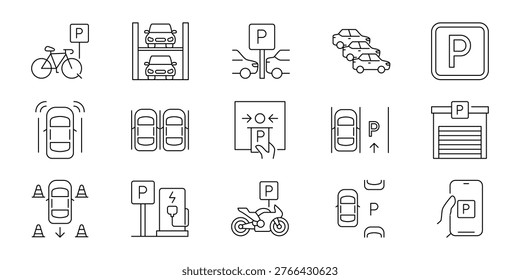 Smart Parking and Urban Mobility Line Icons Automated Systems, Electric Charging, and Modern Transportation Technology	