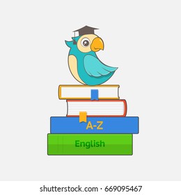 Smart parrot in graduation cap sits on a stack of books and dictionaries. Educational concept. Vector illustration
