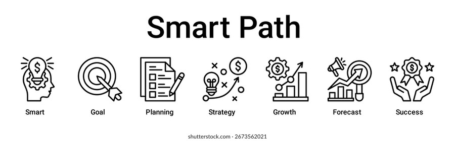 Concepto de Ilustración vectorial de ícono de Web de Anuncio de ruta inteligente para negocios con ícono de Smart, Objetivo, Planificación, Estrategia, Crecimiento, Pronóstico.