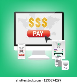 Smart payment concept display on smartphone, tablet, and computer, e commerce, online shopping, vector illustration.