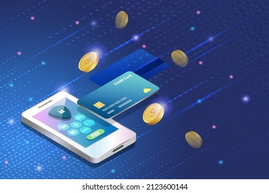 Smart payment, credit card online payment with crypto currency coins, secure transaction on smart phone. Financial security in digital online and global network connecting, cyber security technology.