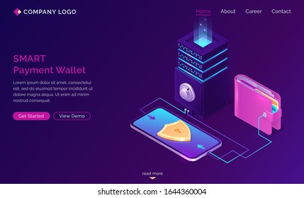 Smart payment wallet isometric landing page, purse and safe connected with smartphone with golden shield on screen, secure money online transaction, nfc technology 3d vector illustration ,web banner