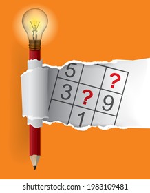 Smart Pencil with bulb and sudoku, torn paper. 
Illustration of orange ripped paper background with playful sudoku motif. Vector available.