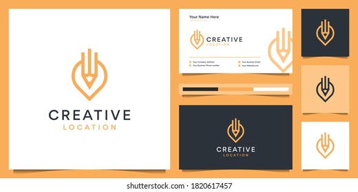 Smart pencil and location logo design and business card. minimal icon pin map template.