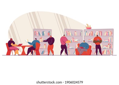 Smart people reading books in library flat vector illustration. Cartoon characters sitting on sofa and chairs near bookshelves and learning. Knowledge and education concept