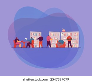 Smart people reading books in library flat vector illustration. Cartoon characters sitting on sofa and chairs near bookshelves and learning. Knowledge and education concept