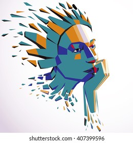 Smart person concept, human head exploding and breaks into multiple fractures. Human mind metaphor. Dimensional vector illustration of thoughtful woman face created in low poly modernized style.