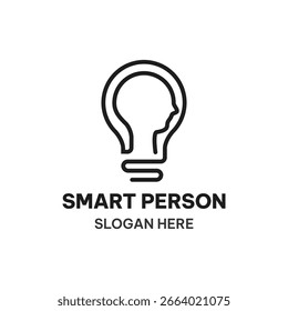 Smart Person logo template in simple line. Person and light bulb vector illustration