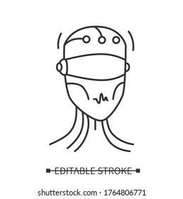 Smart personal assistant icon. Abstract robot head icon with neuro interface data link. Concept pictogram for online assistance service. Editable stroke vector line illustration for web, logo and ui 