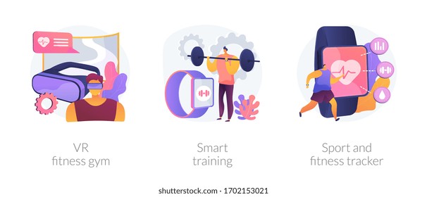 Smart personal training technologies abstract concept vector illustration set. VR fitness gym, smart experience, sport and fitness tracker, fit coaching application, health monitor abstract metaphor.
