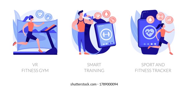 Smart personal training technologies abstract concept vector illustration set. VR fitness gym, smart experience, sport and fitness tracker, fit coaching application, health monitor abstract metaphor.