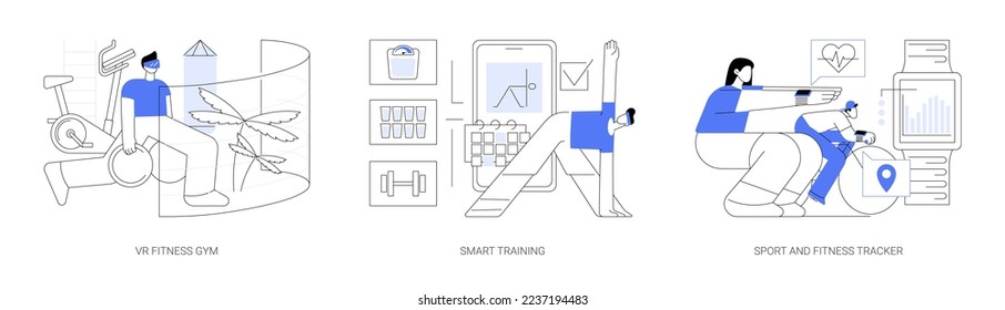 Smart personal training technologies abstract concept vector illustration set. VR fitness gym, smart experience, sport and fitness tracker, fit coaching application, health monitor abstract metaphor.