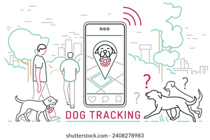Smart pet collar landscape poster. Dog tech gadgets. GPS trackers for dogs. Health scanning. Intelligent GPS activity tracking. Vector illustration in a linear style isolated on a white background