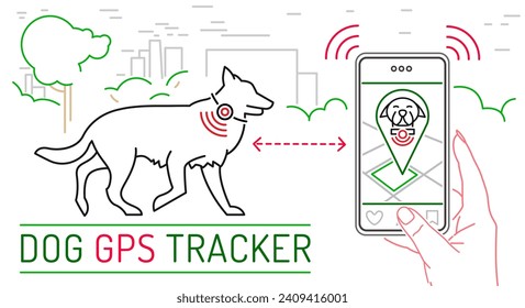 Smart pet collar landscape poster. Dog tech gadgets. GPS trackers for dogs. Health scanning. Intelligent GPS activity tracking. vector illustration in a linear style isolated on a white background