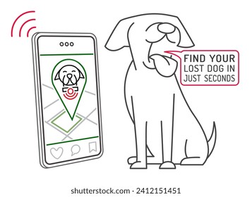 Smart pet collar landscape poster. Dog tech gadgets. GPS trackers for dogs. Health scanning. Intelligent GPS activity tracking. vector illustration in a linear style isolated on a white background