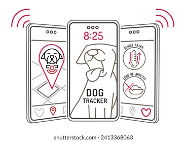 Smart pet collar landscape poster. Dog tech gadgets. GPS trackers for dogs. Health scanning. Intelligent GPS activity tracking. Vector illustration in a linear style isolated on a white background