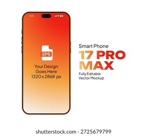 Teléfono inteligente 17 PRO MAX Maqueta de Vector naranja con pantalla de máscara de recorte para mostrar diseños o contenido de App 1320 x 2868 px
