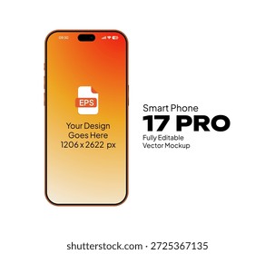 Teléfono inteligente 17 PRO Maqueta de Vector naranja con pantalla de máscara de recorte para mostrar diseños o contenido de App 1206 x 2622 px