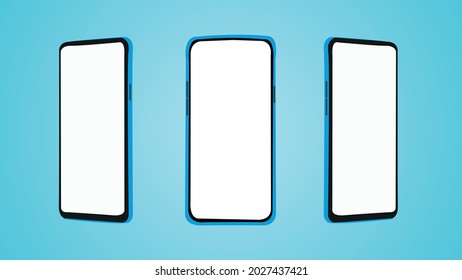 Teléfono inteligente 3 vistas laterales, marco de teléfono móvil con pantalla en blanco aislado, simulación de smartphone realista.