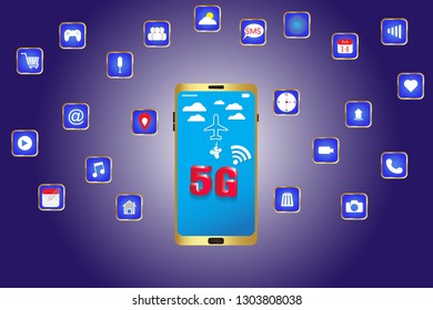 smart phone with 5g high speed wifi in the future and with all modern icons desigh vector template