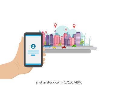 smart phone access location and data concept of smart city and modern lifestyle illustration design