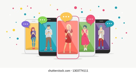 Smart phone addiction concept flat vector illustration of teenagers inside the mobile smartphones with chat speech bubbles texting, leaving comment and sharing memes. Young people addicted to internet