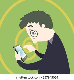 Smart phone addiction concept, man addicted on using smart phone. Vector illustration. 