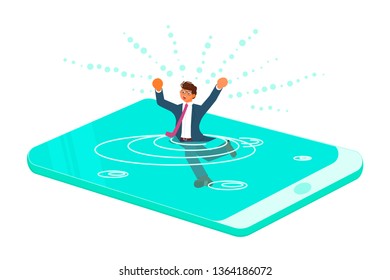 Smart phone addiction concept. Young man drowned or sank in the smartphone. Flat Art Vector illustration