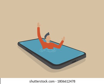 Concepto de adicción al teléfono inteligente. Un joven se ahogó o se hundió en el smartphone. Ilustración de Vector de arte plano