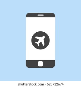 Smart phone with airplane logo on screen. Ticket app concept