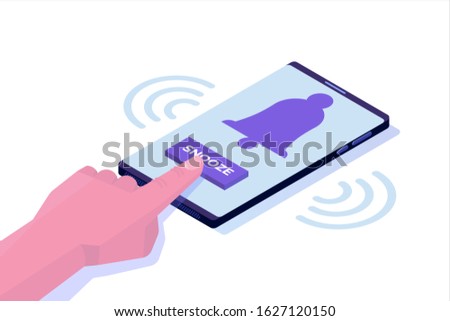 Smart phone alarm clock with snooze button. Isometric Vector illustration.