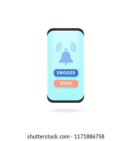 Smart phone alarm clock. Vector illustration phone with app alarm clock on the screen and snooze and stop button