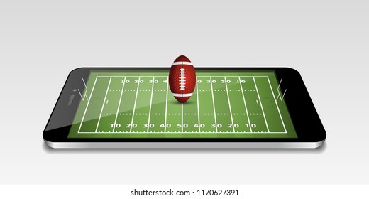 Smart phone with american football field for watch online, bet online concept. Vector illustrations