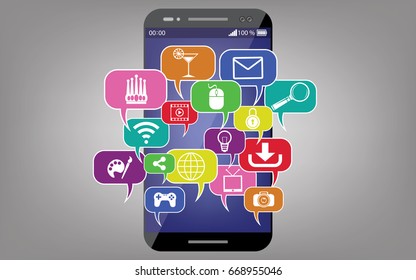 smart phone with application in bubble vector illustration 