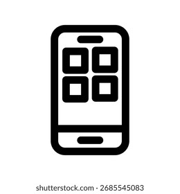Teléfono elegante con el icono de la línea de los App, tecnología móvil y símbolo de la comunicación, estilo simple del contorno en el fondo blanco