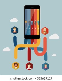 Smart phone  with arrows. Social media concept flat vector illustration..