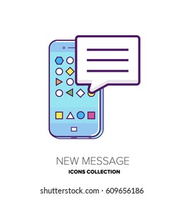 Smart phone with babble conceptual illustration showing sent message or received. Circle of icons around.