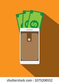 Smart phone with banknote in trendy flat style isolated on orange background for technology and business concept. Vector illustration.
