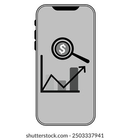 Smartphone, Balkendiagramm, Lupe und Dollarzeichen Münzsymbol in grauer Schrift einzeln auf weißem Hintergrund.
