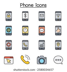 Smart Phone and Basic Application icon set in color line style