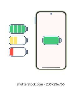 Smart phone with battery icon. Full battery in green, save power mode in yellow and low power battery in red icon. Mobile phone symbol. Vector illustration.